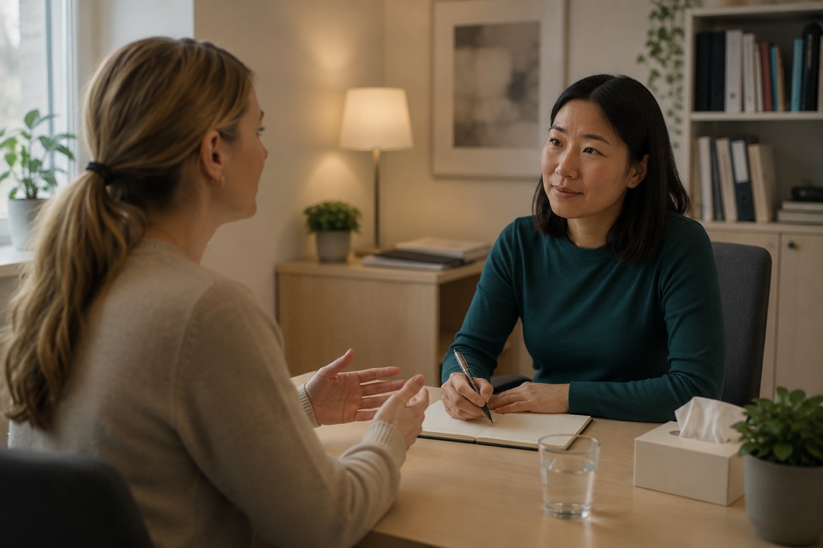 En psykolog antecknar under ett samtal på en mottagning
