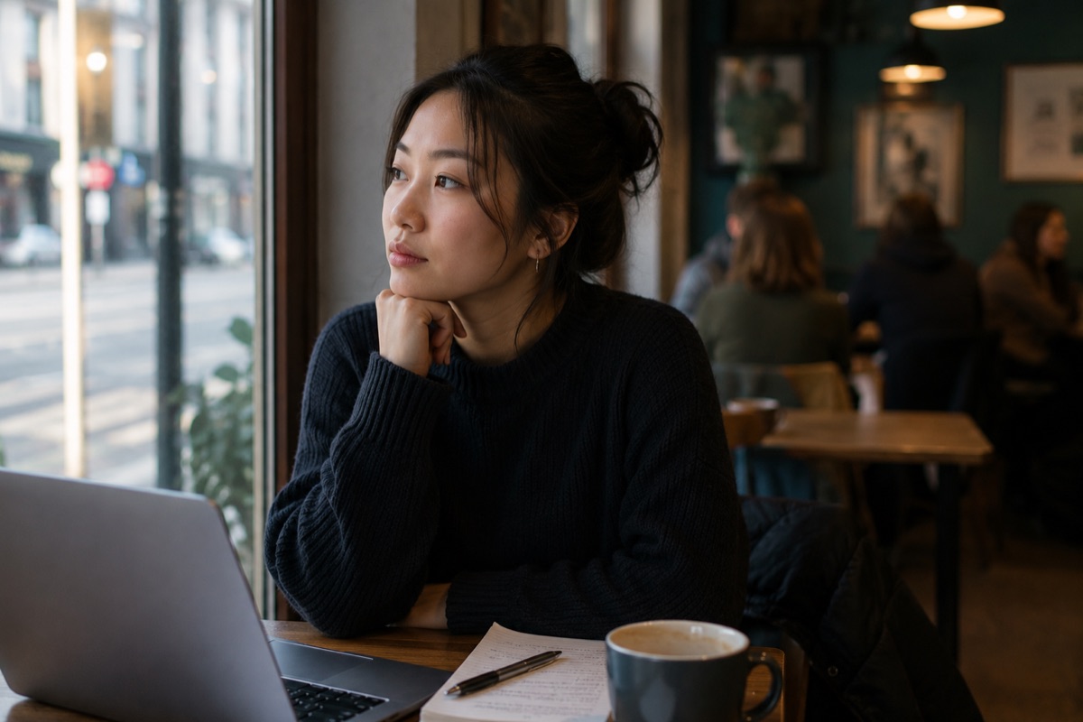 En kvinna i eftertanke vid ett cafébord med laptop och anteckningar